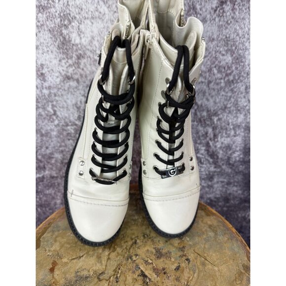 G by Guess White Boots Grace Combat Moto Ankle Buckled Side Zip Lace Up 7M - Picture 7 of 8